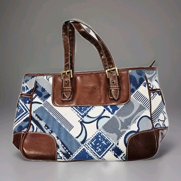 Coach Handbags - Coach Blue Amd White Crisp Denim Patchwork Medium Purse Handbag Bag 1202